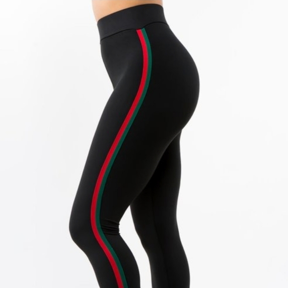 Pants - SheIsStriped: Leggings w/ Green & Red Colorblock stripe, high waisted